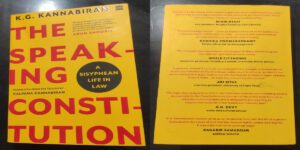 The front and back covers of The Speaking Constitution by KG Kannabiran. It has been translated from Telugu by Kalpana Kannabiran