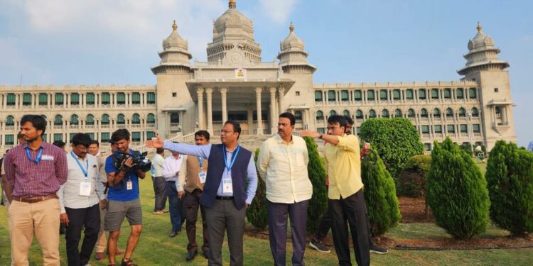 Minister for Public Works C C Patil inspecting the upcoming projects in the premises of Suvarna Vidhan Soudha at Belagavi on Sunday. (Pic - Twitter - CC Patil)