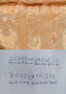 The 'Nelveli Ciziyan Atinan Veliyan' Tamil Brahmi or Tamizhi inscription in Arittapatti, a village near Madurai; (Below) The same inscription in the Tamil Brahmi script with the modern Tamil equivalents below
