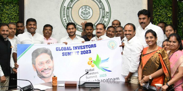 Andhra Pradesh Chief Minister YS Jagan Mohan Reddy unveiling the Global Investors Summit logo.