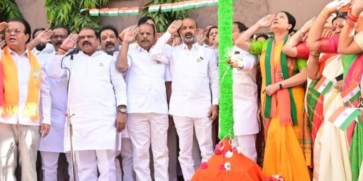 Bandi Sanjay unfurls the national flag at the Telangana BJP headquarters on Republic Day 2023. (Supplied)