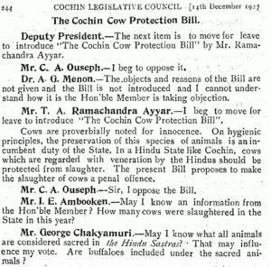 Beef resolution Excerpt og discussion in Cochin Legislative Council when Cochin Cow Protection Bill was introduced on 14, December, 1927.