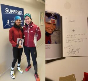 Indian skier Bhavani TN with Norwegian record holder skier Marit Bjørgen.