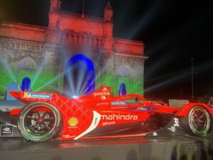 Formula E car on display during the event in Mumbai ahead of Hyderabad Formula E Race, known as Hyderabad E Prix.