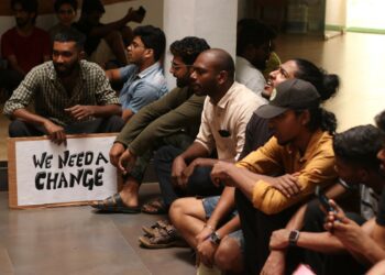 KRNNIVSA students protest demanding the resignation of the institute's Director Shankar Mohan. (Supplied)
