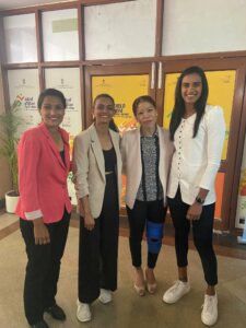Indian skier Bhavani TN (2nd from left) with hockey player Rani Rampal (most left), boxer MC Mary Kom and shuttler PV Sindhu