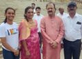 Indian skier Bhavani TN, her mother Parvathy and father Nanjuda with Karnataka Sports Minister Narayana Gowda (2nd from right)