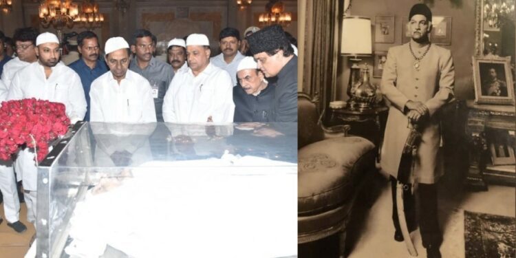 Telangana Chief Minister K Chandrashekar Rao paid a floral tribute to the eighth and last Nizam of Hyderabad, Mukarram Jah Bahadur (right), whose funeral will take place on Wednesday, 18 January, 2023, at Mecca Masjid in Hyderabad. (Supplied)