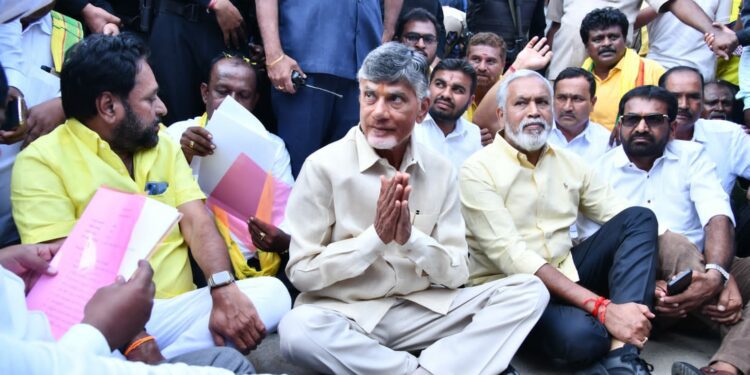 TDP chief N Chandrababu Naidu at a sit-in protest in the Kuppam constituency in Andhra Pradesh on Friday, 6 January, 2023. (Supplied)