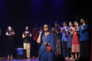 Prasanna Ramaswamy with the cast of her play ‘68,85,45 + 12 latcham’ 