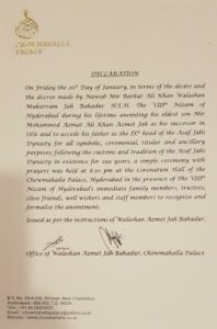 Statement released by office of Azmet Jah, son of Nizam Mukarram Jah, after his anointment