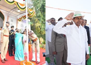 While a Republic Day parade was organised at the Telangana Raj Bhavan, Chief Minister K Chandrasekhar Rao stayed away from it and attended a separate function on Thursday. Governor Tamilisai Soundarajan unfurled the tricolour at the Raj Bhavan. (Supplied)
