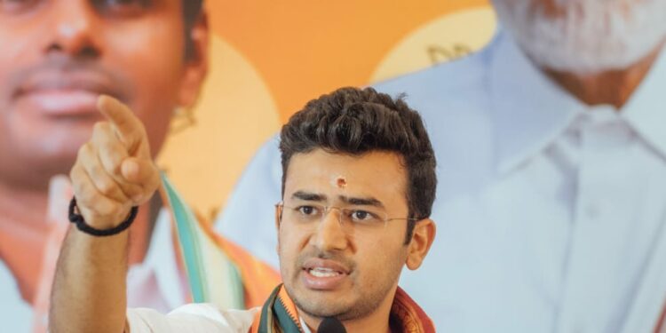 BJP MP and Yuva Morcha National President Tejasvi Surya at party event in Trichy on 10 December, 2022. (Twitter: Tejasvi Surya)