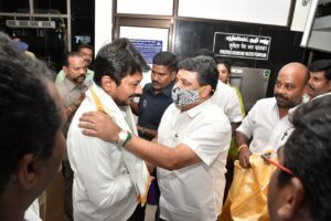 Udhayanishi Stalin being welcomed at Madurai airport by Finance Minister Palanivel Thiagarajan.
