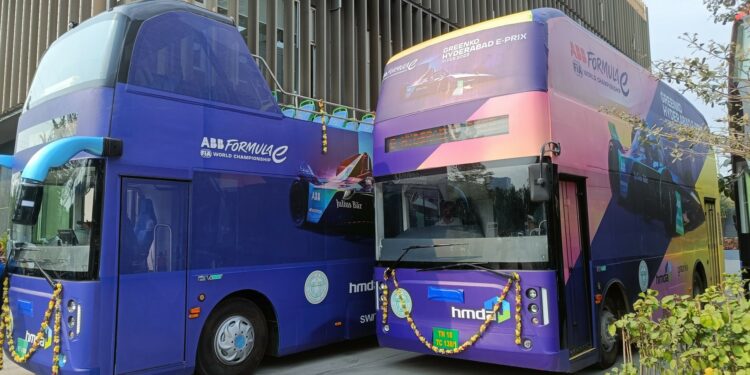 Double-decker electric-buses launched in Hyderabad.