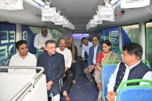 Inside view of the double-decker bus launched in Hyderabad