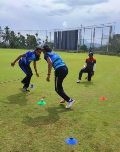 Cricketer Minnu Mani during a fielding session