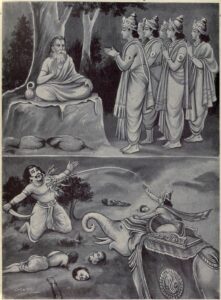 Indra requests Dadhichi to provide his spinal cord to make Vajrayudha (above) | Indra slays Vritra with the Vajrayudha (below). (Wikimedia Commons)