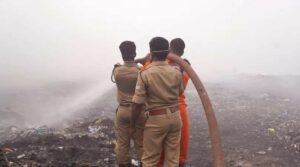 Authorities look to douse the fire at the Brahmapuram waste yard in Kerala. (Supplied)