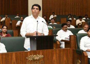 Andhra Pradesh Finance Minister Buggana Rajendranath presents the state's 2023-24 budget in the Assembly. (Supplied)