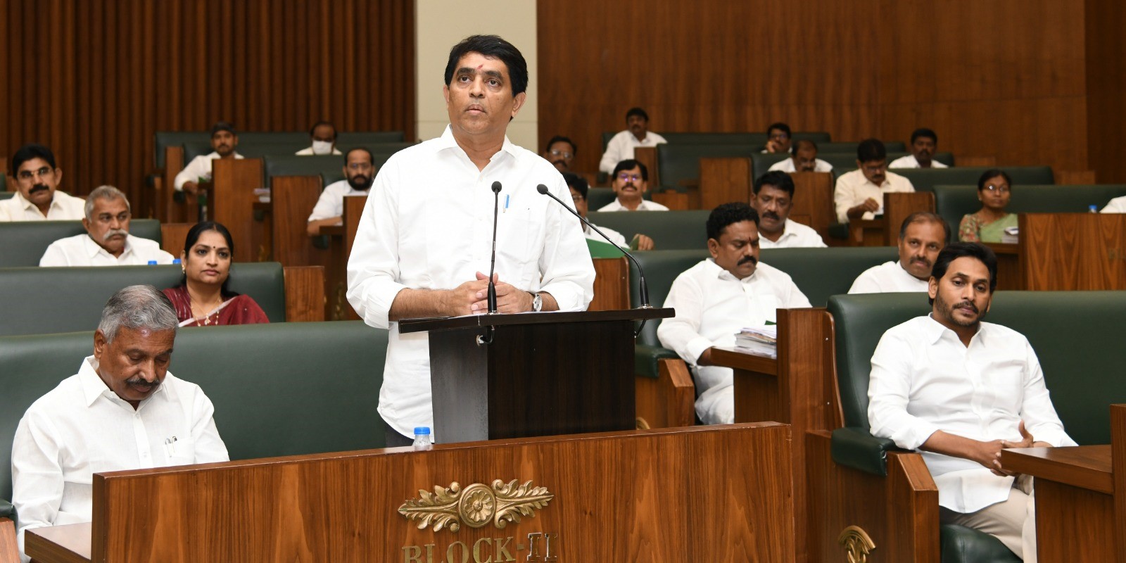 Andhra Pradesh Finance Minister Buggana Rajendranath presents the state's 2023-24 budget in the Assembly. (Supplied)
