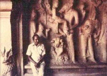 Prof Gift Siromoney in front of the Varaha panel at the Varaha cave temple in the Mamallapuram hill