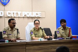 Deputy Commissioner of Police (Cyber Crimes) Sneha Mehra and her team briefing the media persons. (Supplied)
