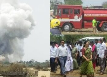 Smoke billowing from the fire-cracker unit (right); and District Collector M Aarthi at the scene. (Supplied)