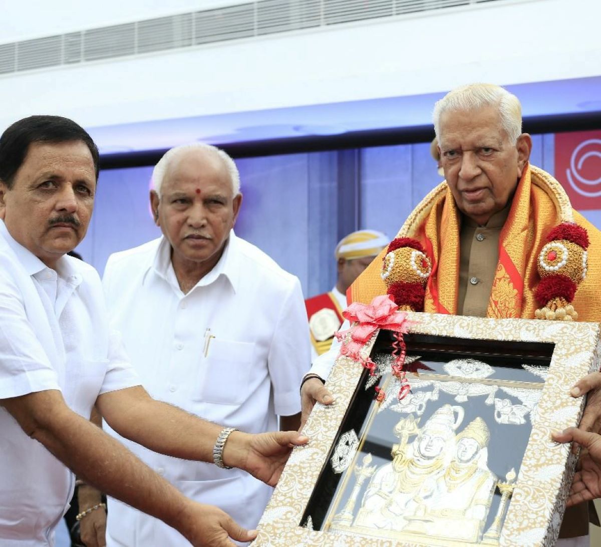 Madal Virupakshappa (Left) with BS Yediyurappa and former Karnataka Governor Vajubhai Vala