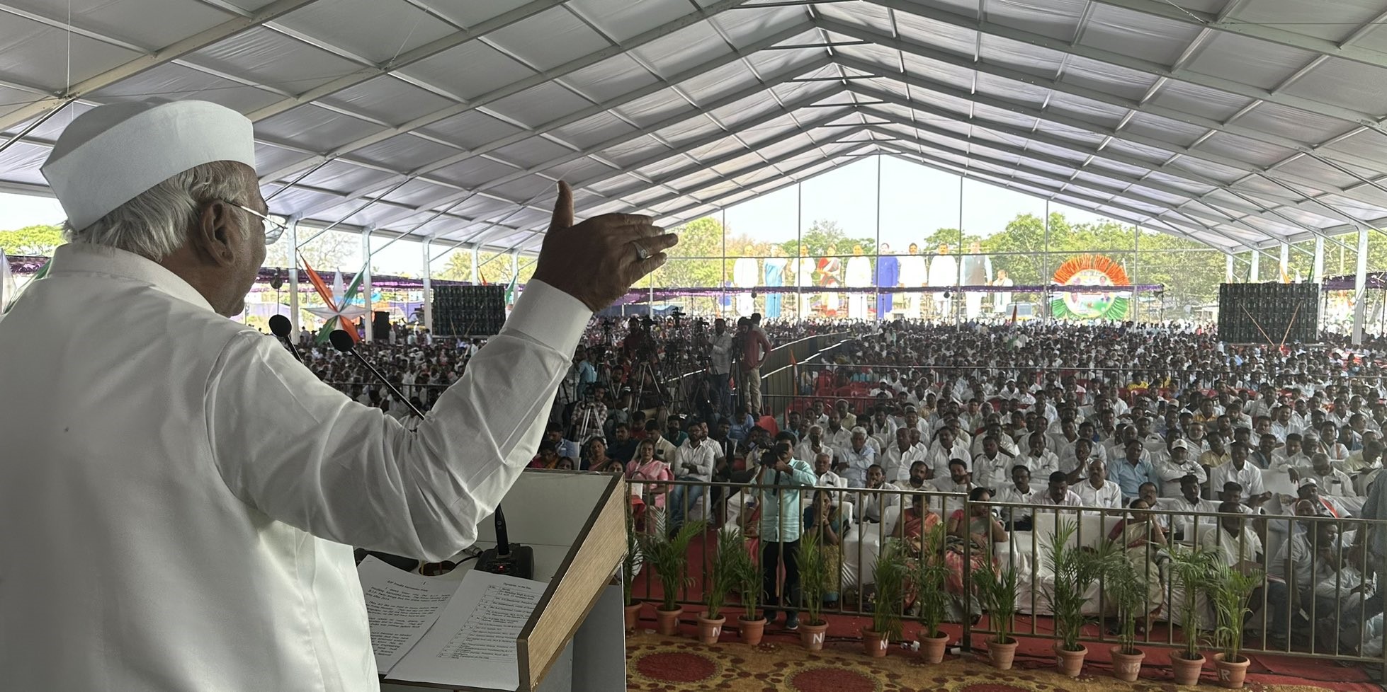 Congress president Mallikarjun Kharge speaks at a party meet at Koratagere in the Tumakuru district of Karnataka on Sunday, 5 March, 2023. (Supplied)