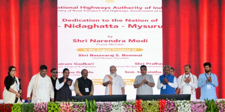 Prime Minister Narendra Modi dedicates 118-km Bengaluru-Nidaghatta-Mysuru Expressway at Mandya on Sunday. (CMO)
