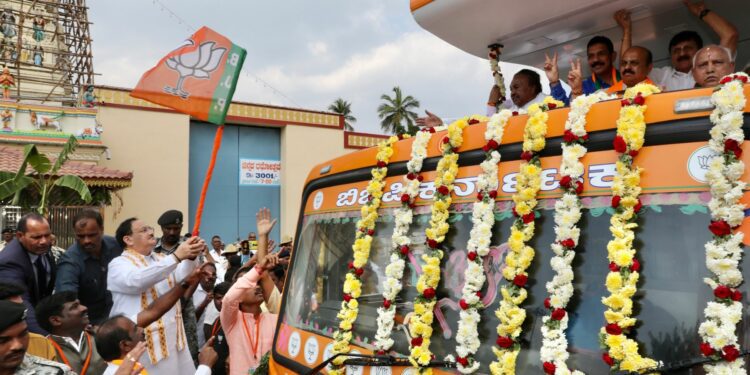 BJP national president J P Nadda flagged-off Vijay Sankalpa Yatra at Male Mahadeshwara Temple in Chamarajanagar on Wednesday. (J P Nadda/Twitter)