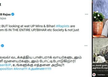 (Top left): TRB Raaja, now the DMK IT wing head, 'analyses' Bihar society; (Bottom left) (Isai, Tamil Nadu state deputy secretary of the DMK IT Wing, calls North Indians ‘pan parag mouths’ and ‘cowdung-brained’; (Right) Even after the recent alarm, a YouTube channel ‘I Tamil News’ posted this video where the speaker claims in the future, nothing can be done when four North Indian migrant workers rape a girl walking in the street in TN
