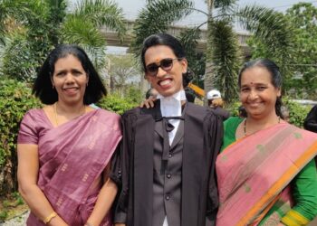 Padma Lakshmi (centre) after enrolling as a lawyer at an event held at Kerala High Court. (Supplied)