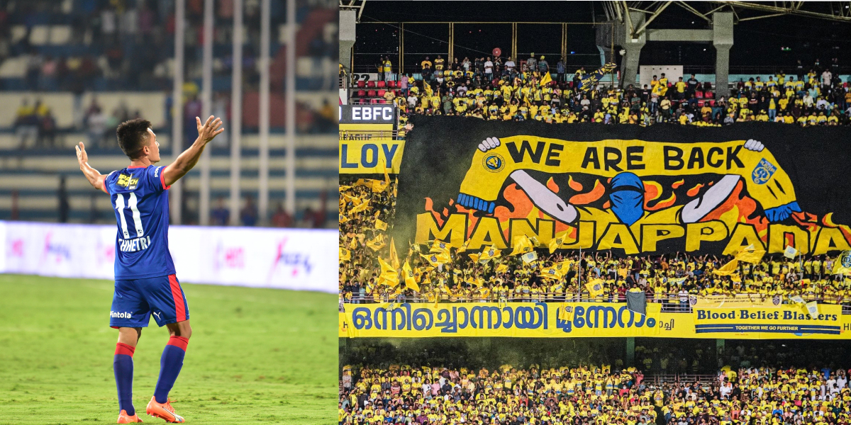 (Left) Bengaluru FC and Indian striker Sunil Chhetri who scored the controversial goal; (Right) Kerala Blasters fans popularly known as 'Manjappada' at the ISL match