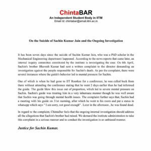 ChintaBAR, an independent student body recognised by IIT-M, issued a statement accusing the professor. (Supplied)