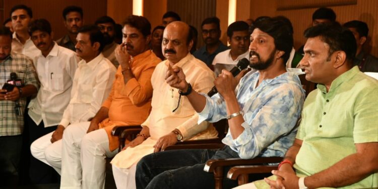 Acto Sudeep Sanjeev announces support to Chief Minister Basavaraj Bommai in the 10 May assembly polls in Bengaluru on Wednesday. (Supplied)