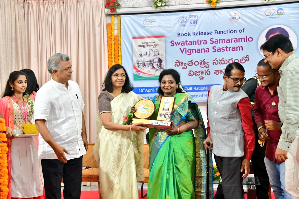 Governor Tamilisai Soundararajan releasing, Swatantra Samaramlo, Vignana Sastram (Struggle for Freedom through Science), at ICMR in Hyderabad. (Twitter)
