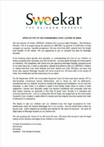 The letter by Sweekar - the rainbow parents, to the CJI