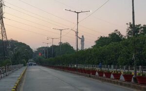 View of the 125 foot Ambedkar statue in Hyderabad on the way to NTR Marg in Hyderabad.
