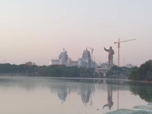 View of the 125 foot tall Ambedkar statue and Telangana secretariat from Hussain Sagar in Hyderabad