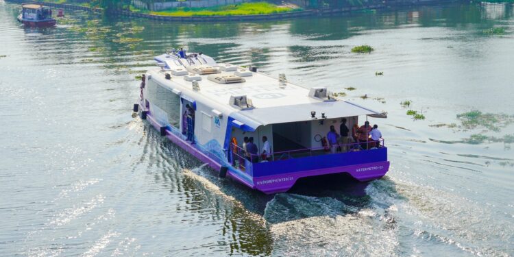 Kochi Water Metro vessel sailing through the city's waterways. (Twitter/CMO Kerala)