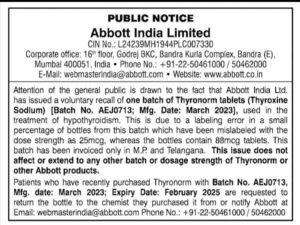 Abbott India Limited's notice on drug recall.
