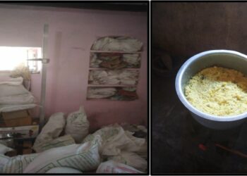 (Left) Storage of rations at an anganwadi centre in Bijapura, Karnataka; (Right) Food prepared for a mid-day meal in a government school in Anekal