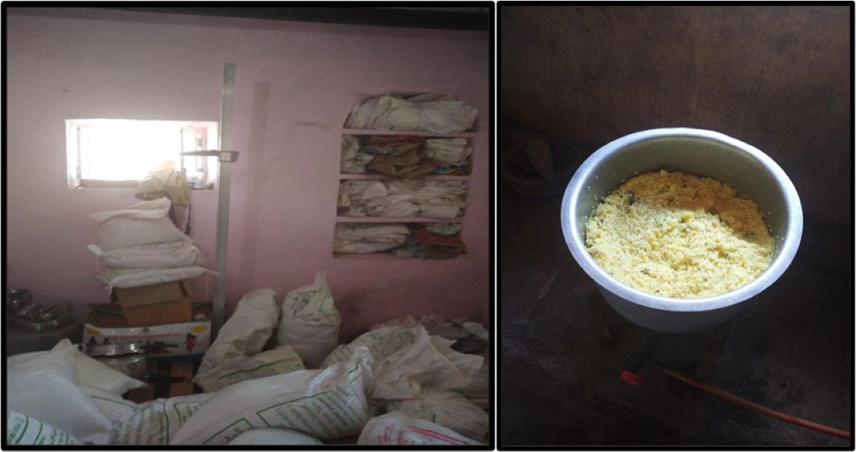 (Left) Storage of rations at an anganwadi centre in Bijapura, Karnataka; (Right) Food prepared for a mid-day meal in a government school in Anekal