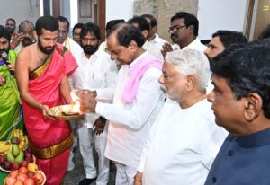 KCR during the rituals conducted during the inauguration of BRS office in New Delhi. (Supplied)