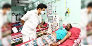 Chief Minister MK Stalin consoling a patient at the Villupuram Hospital on Monday. (Supplied)