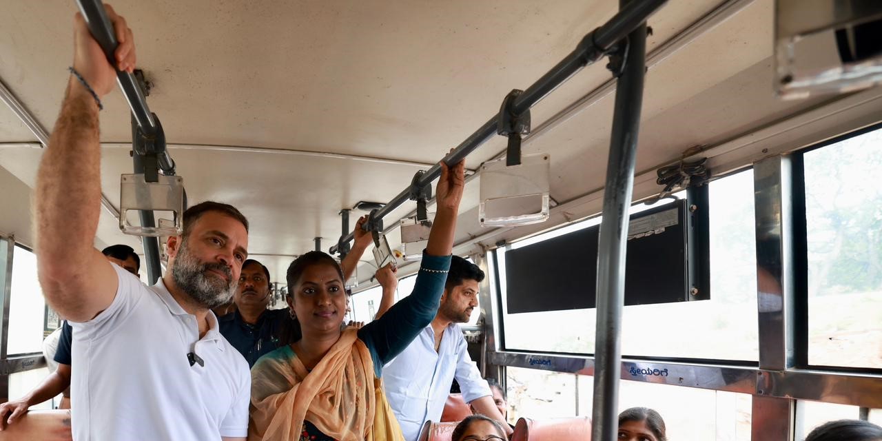 Rahul Gandhi travelling in a KSRTC bus in Bengaluru. (Twitter)