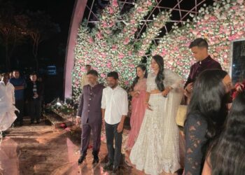 Telangana Congress president Revanth Reddy with DK Shivakumar, the head of the Karnataka Congress, at the wedding of the latter's daughter in 2021