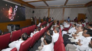 CM KCR and other Ministers at the film screening inside the audio-visual hall in Telangana martyr's memorial